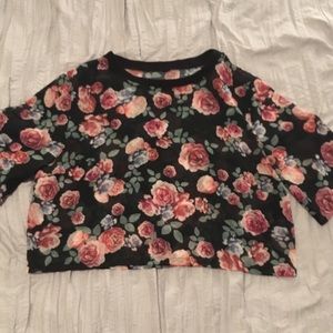 FOREVER 21 sheer black crop tee w roses all over